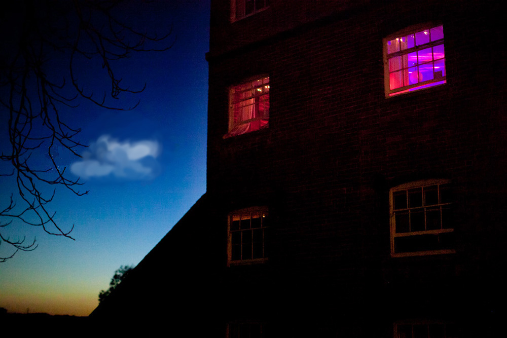 Sopley Mill - Our Uplighting In The Evening From Outside - We Perform