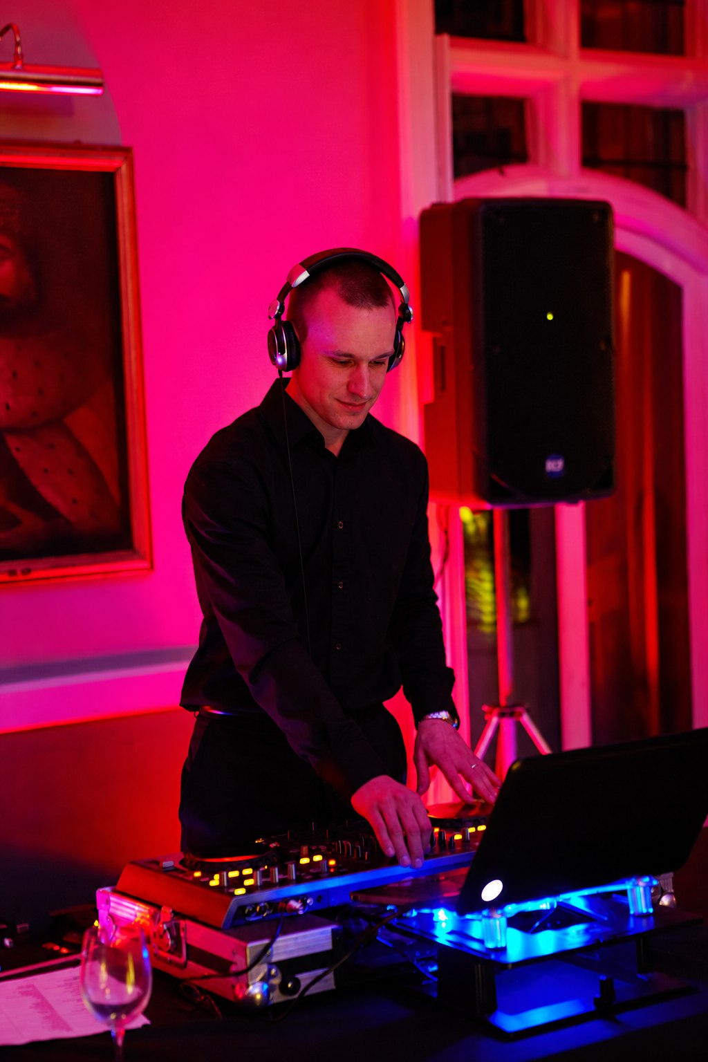 Professional We Perform wedding DJ in Bournemouth with disco equipment